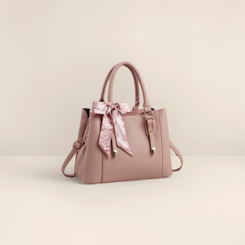 وحقائب اليد الوردية مزخرفة بوشاح أبيض وأسوار بيضاء Specification image