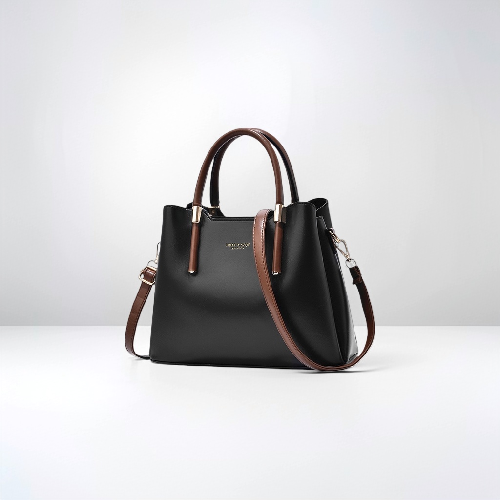 حقيبة يد سوداء مع حقيبة يد من الجلد البني Specification image