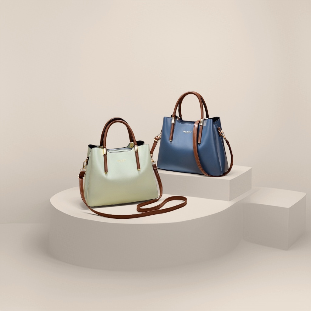 A light green and blue color-blocked handbag, a fashionable single-shoulder bag for women's commuting Specification image