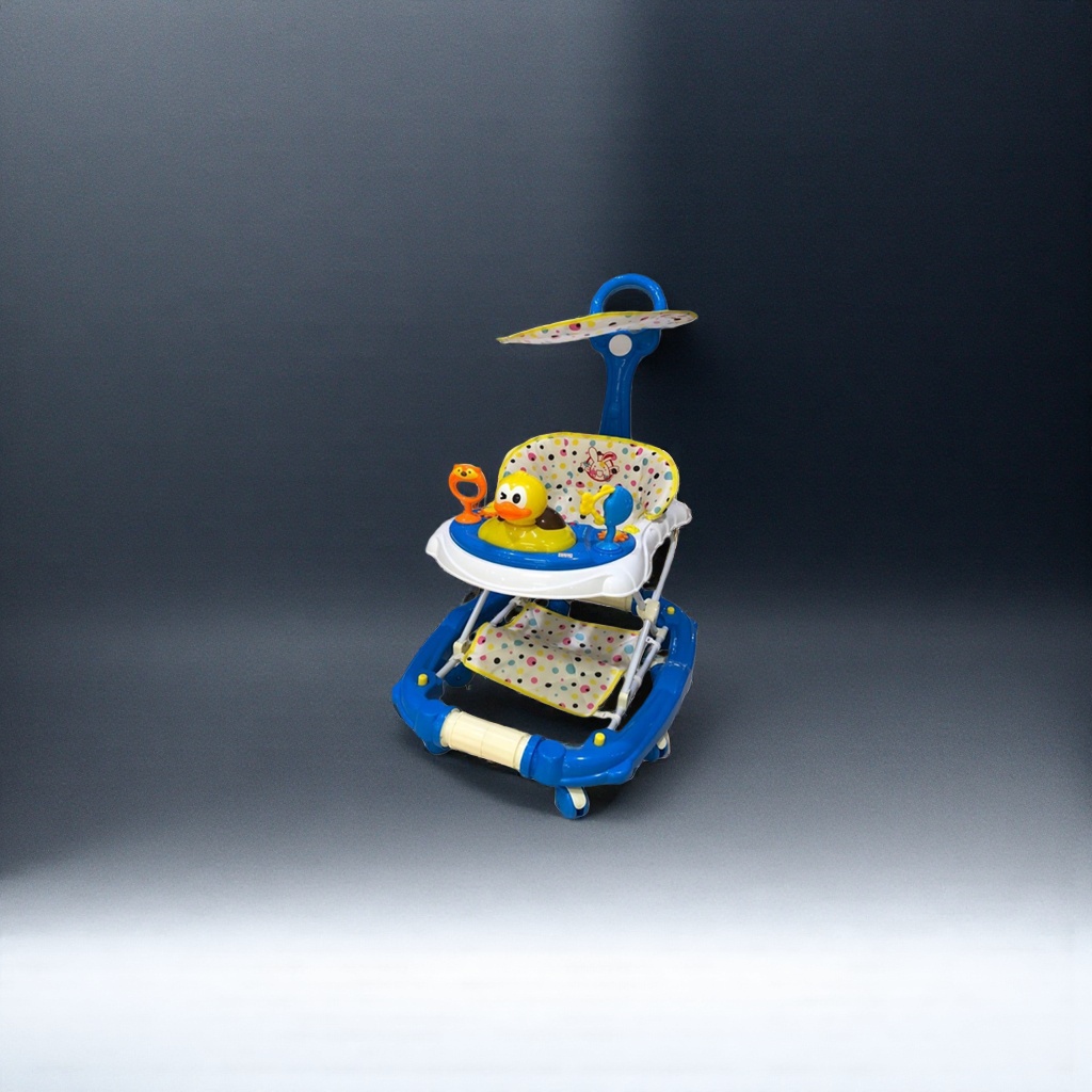 The blue baby walker is stable, anti-slip and foldable