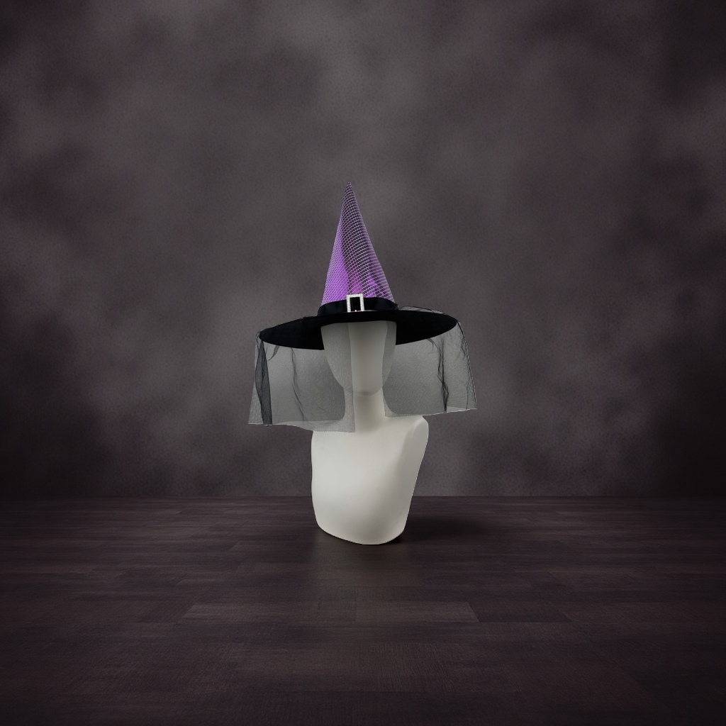 Purple sequined pointed witch hat, black wide-brimmed mesh curtain, and silver buckle decoration details Picture