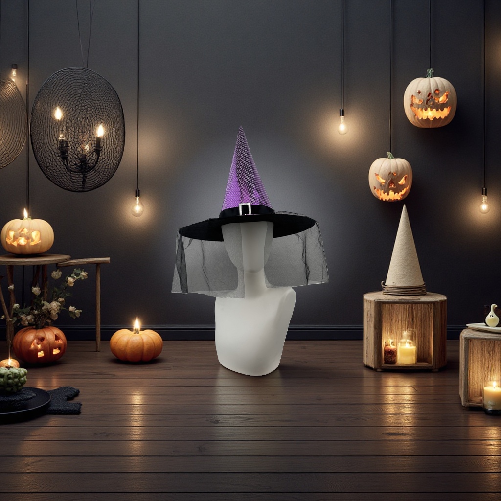 Purple sequined pointed witch hat, black wide-brimmed mesh curtain, and silver buckle decoration Application Scenario