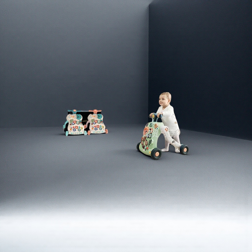Green baby walker, child stroller, indoor and outdoor family usage scenarios