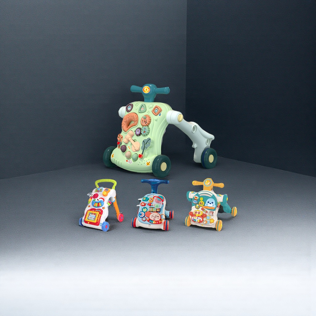 The green multi-functional baby walker is a safe, stable, foldable toy with music