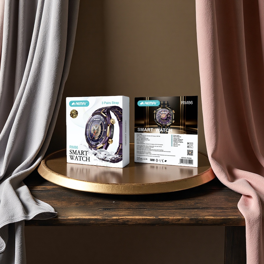 The smartwatch with a purple strap and golden frame supports heart rate monitoring, Bluetooth calls and sports mode Specification image