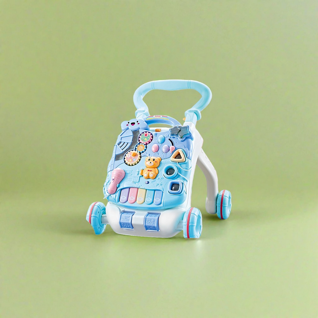 Andador azul con mesa de juego variable tanque de agua de aumento de peso incorporado velocidad ajustable puede aumentar la altura anti-volteo con micrófono llave de piano muñeca de oso juguete de puzzle details Picture