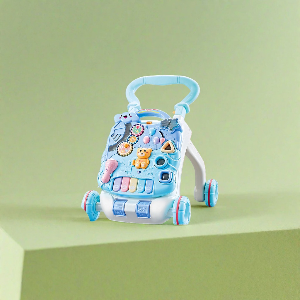 Andador azul con mesa de juego variable tanque de agua de aumento de peso incorporado velocidad ajustable puede aumentar la altura anti-volteo con micrófono llave de piano muñeca de oso juguete de puzzle