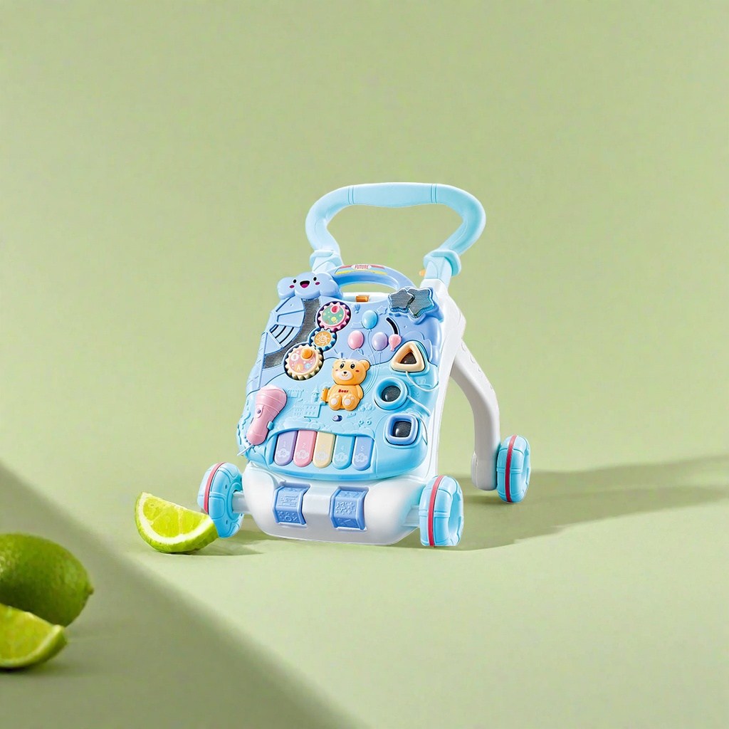 Andador azul con mesa de juego variable tanque de agua de aumento de peso incorporado velocidad ajustable puede aumentar la altura anti-volteo con micrófono llave de piano muñeca de oso juguete de puzzle Application Scenario