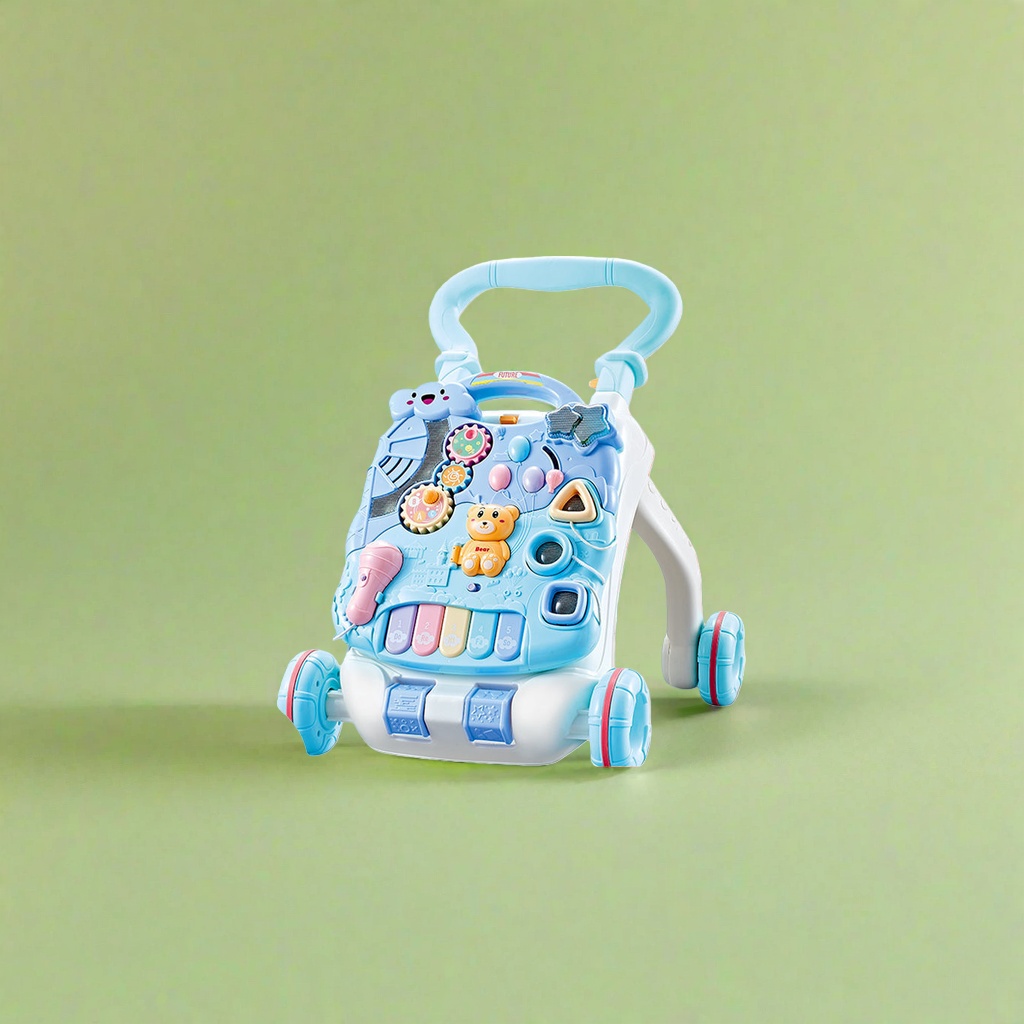 Andador azul con mesa de juego variable tanque de agua de aumento de peso incorporado velocidad ajustable puede aumentar la altura anti-volteo con micrófono llave de piano muñeca de oso juguete de puzzle Specification image