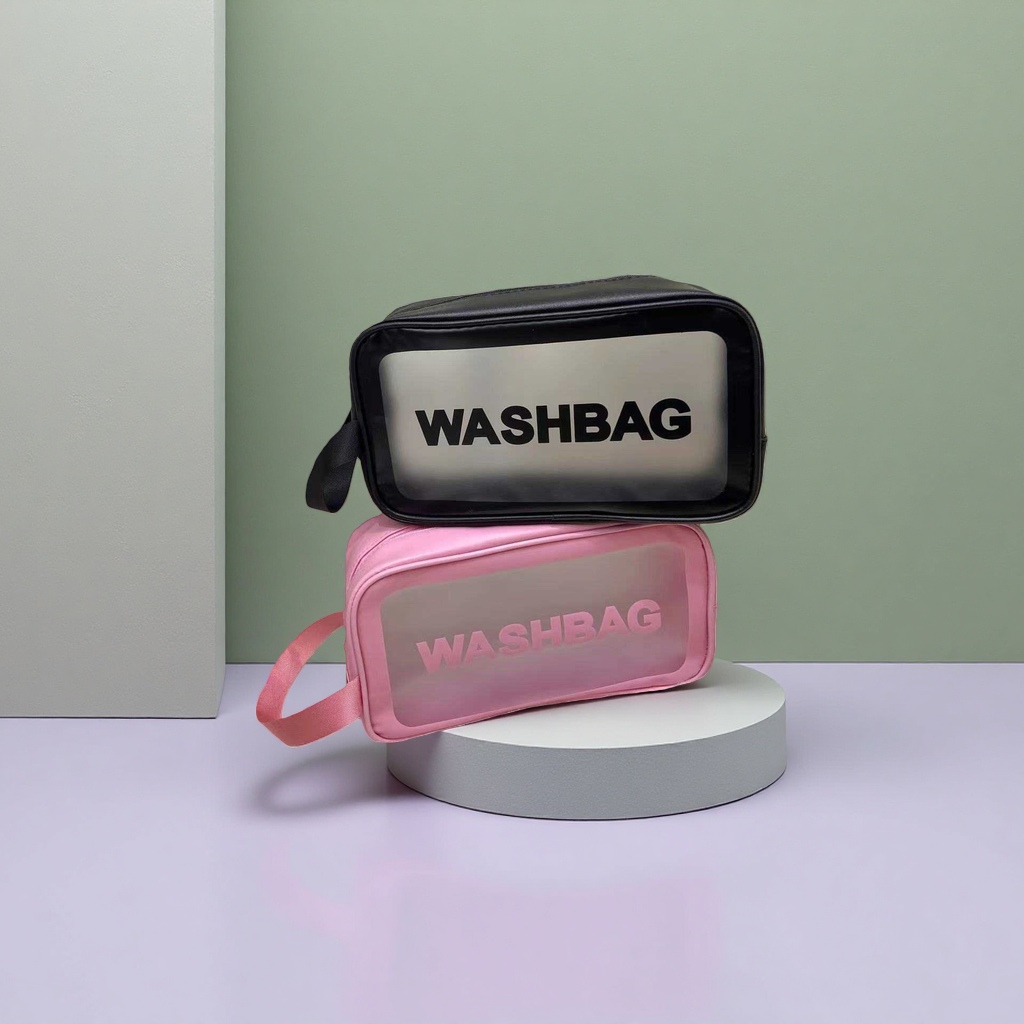 黑色粉色洗漱包带透明窗口WASHBAG字样男女通用