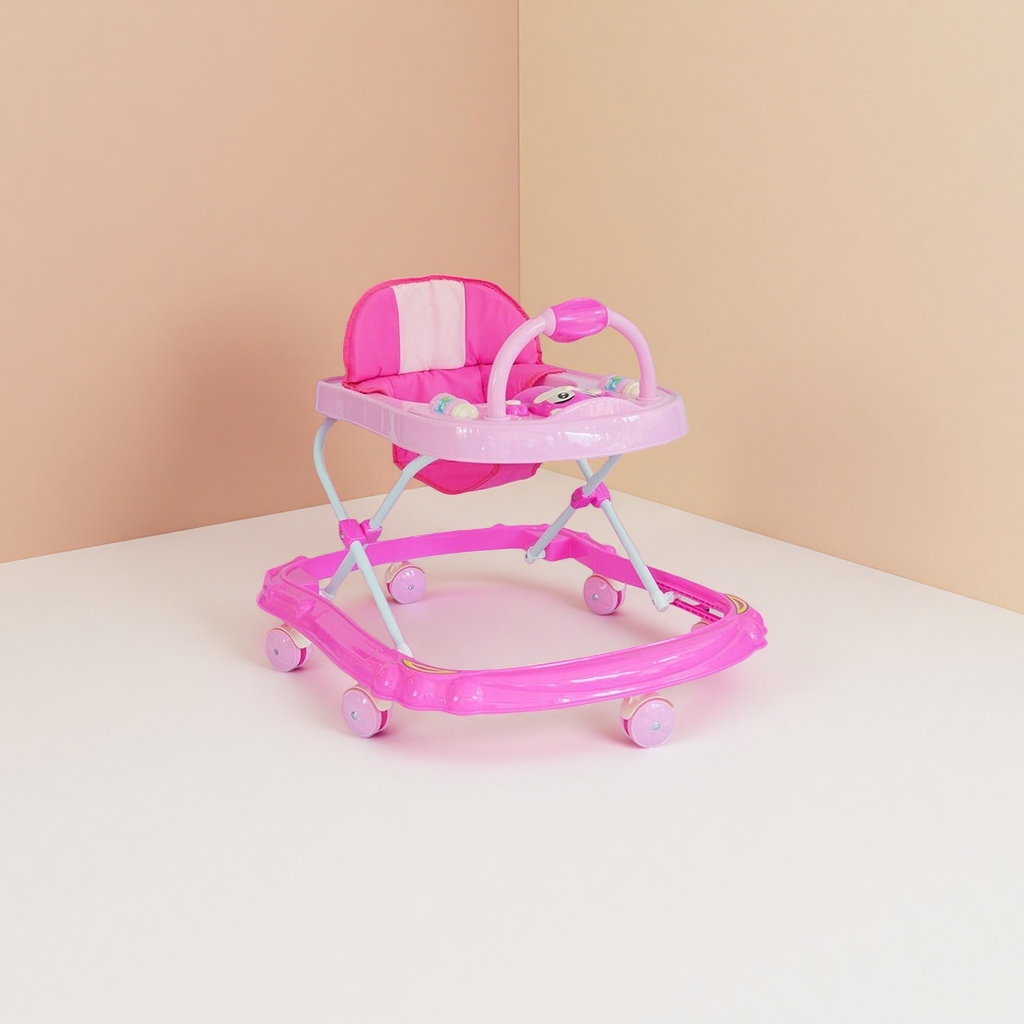 Pink baby walker with thickened sponge armrests, adjustable height and silent universal wheels details Picture