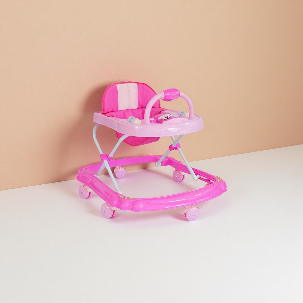 Pink baby walker with thickened sponge armrests, adjustable height and silent universal wheels