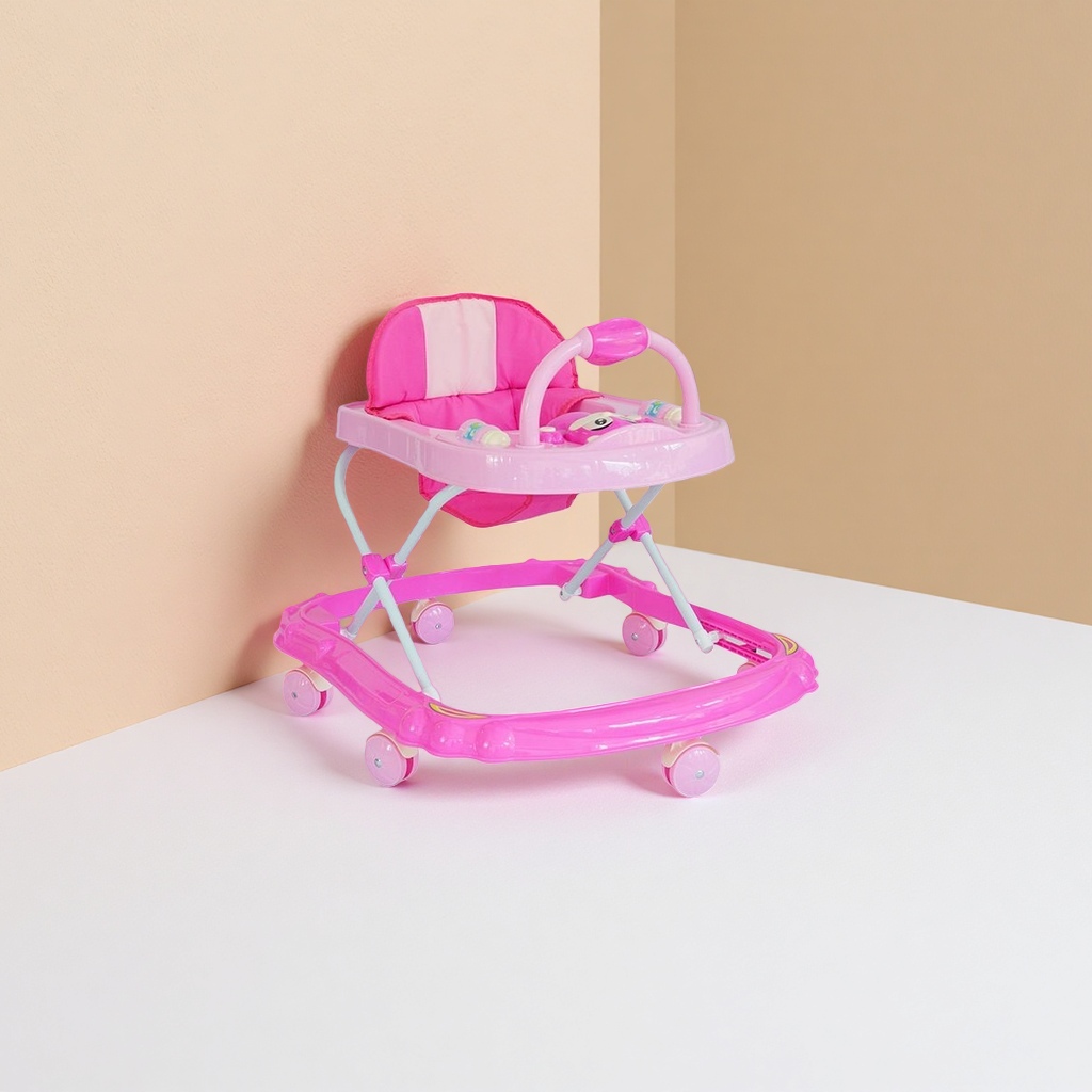 Pink baby walker with thickened sponge armrests, adjustable height and silent universal wheels Specification image