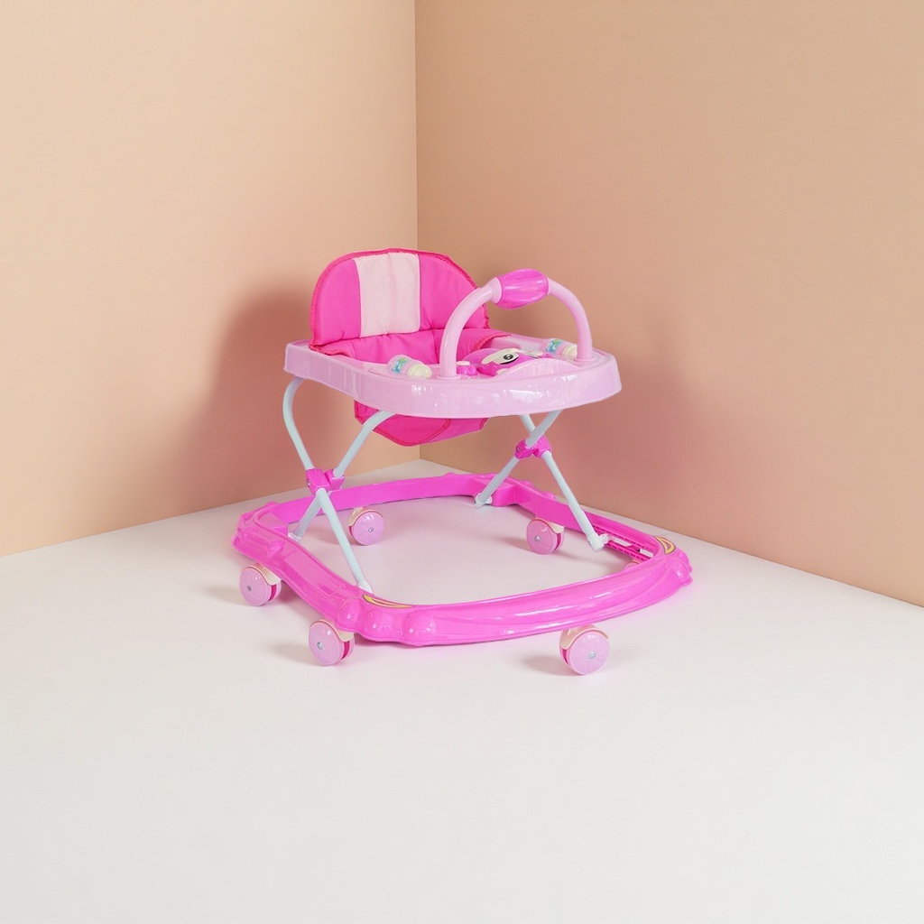Pink baby walker with thickened sponge armrests, adjustable height and silent universal wheels Application Scenario