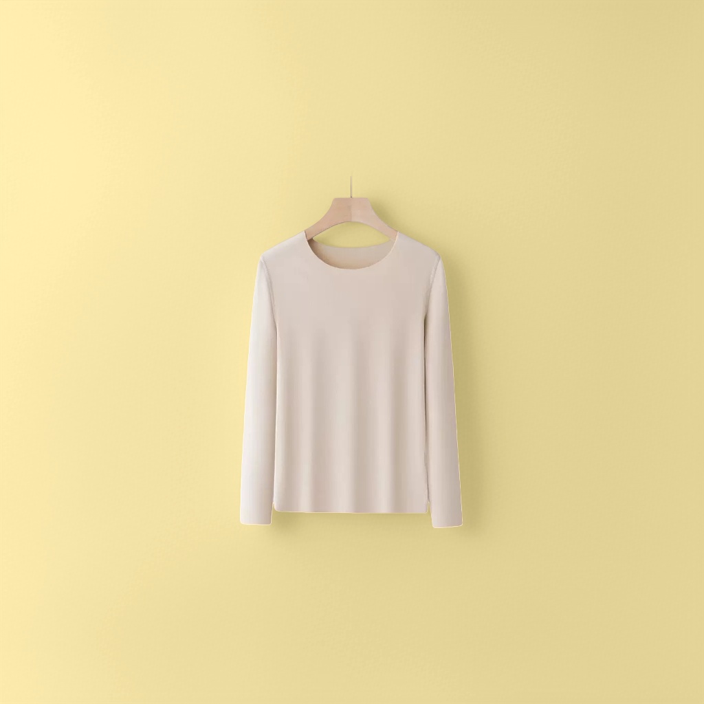Beige warm long-sleeved top for women, pure cotton, casual and versatile