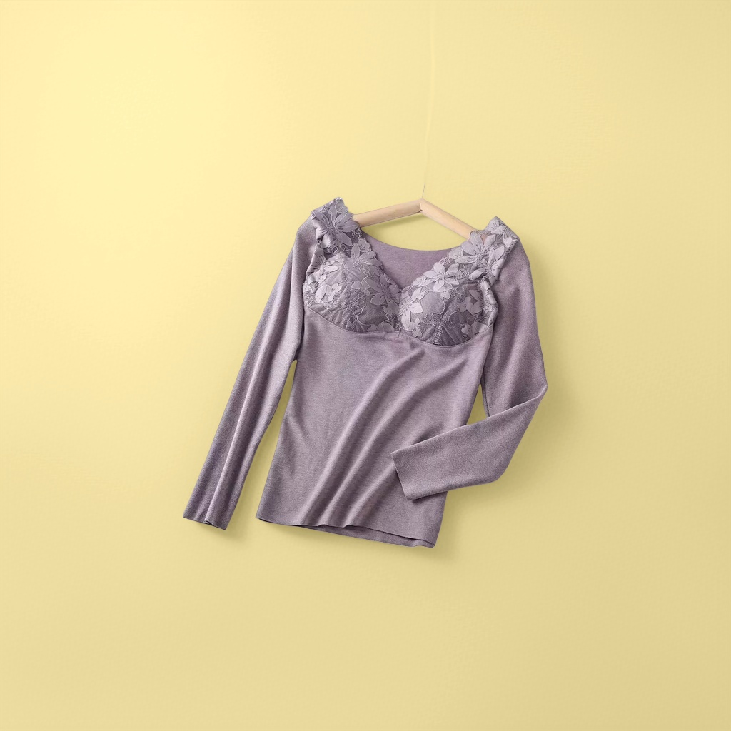 Purple lace patchwork warm long-sleeved top for women, slimming and shaping, versatile innerwear