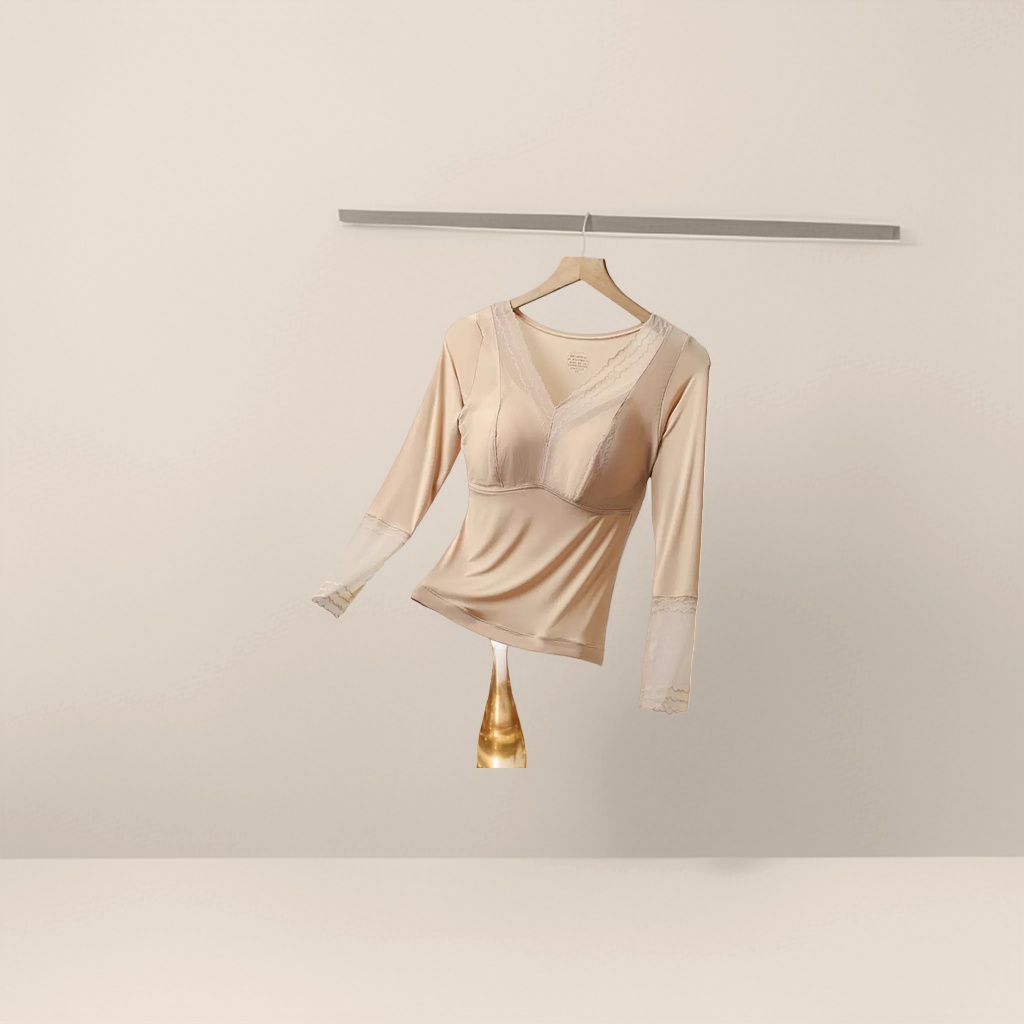 Beige warm long-sleeved fitted base layer with lace trim and built-in chest pads Specification image