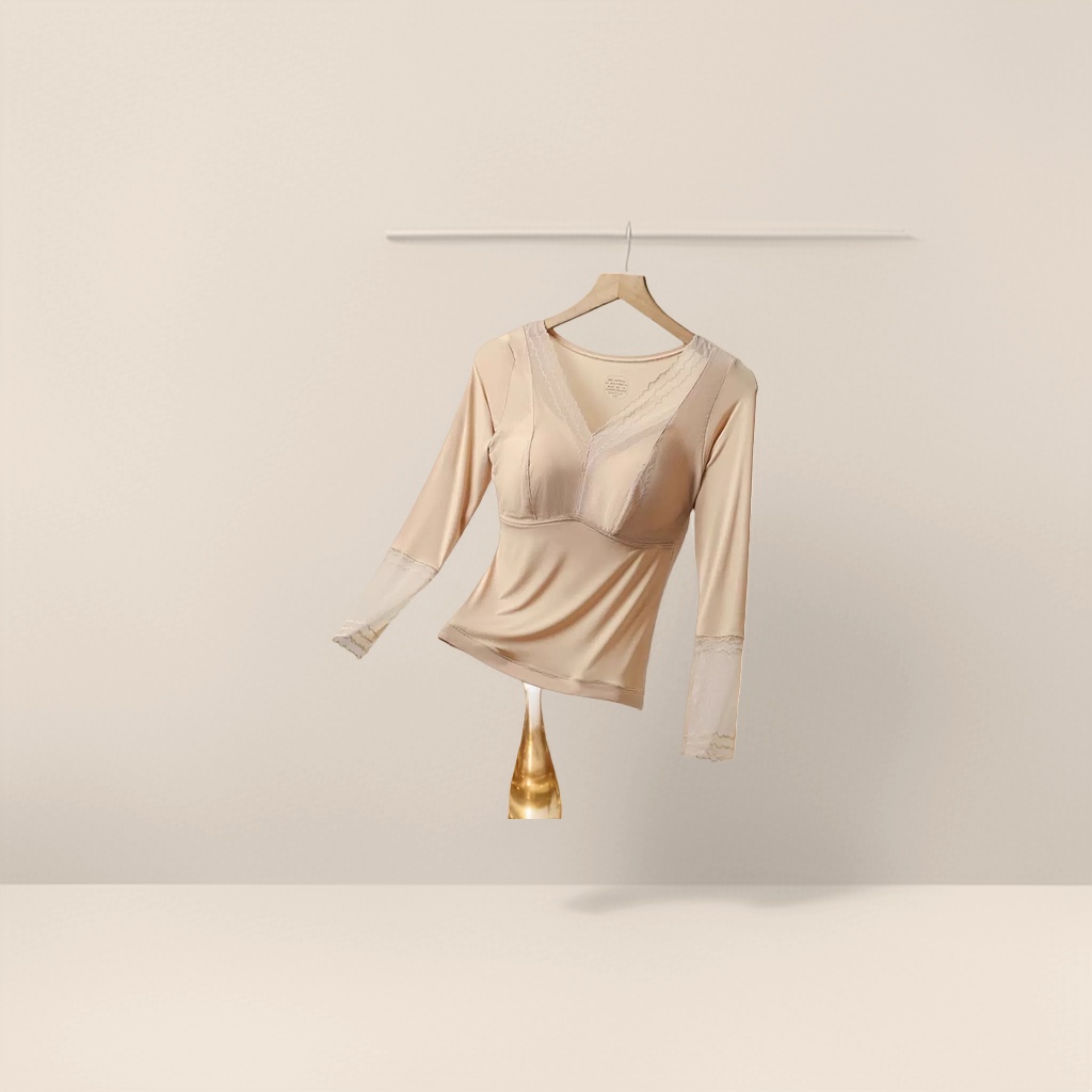 Beige warm long-sleeved fitted base layer with lace trim and built-in chest pads Application Scenario