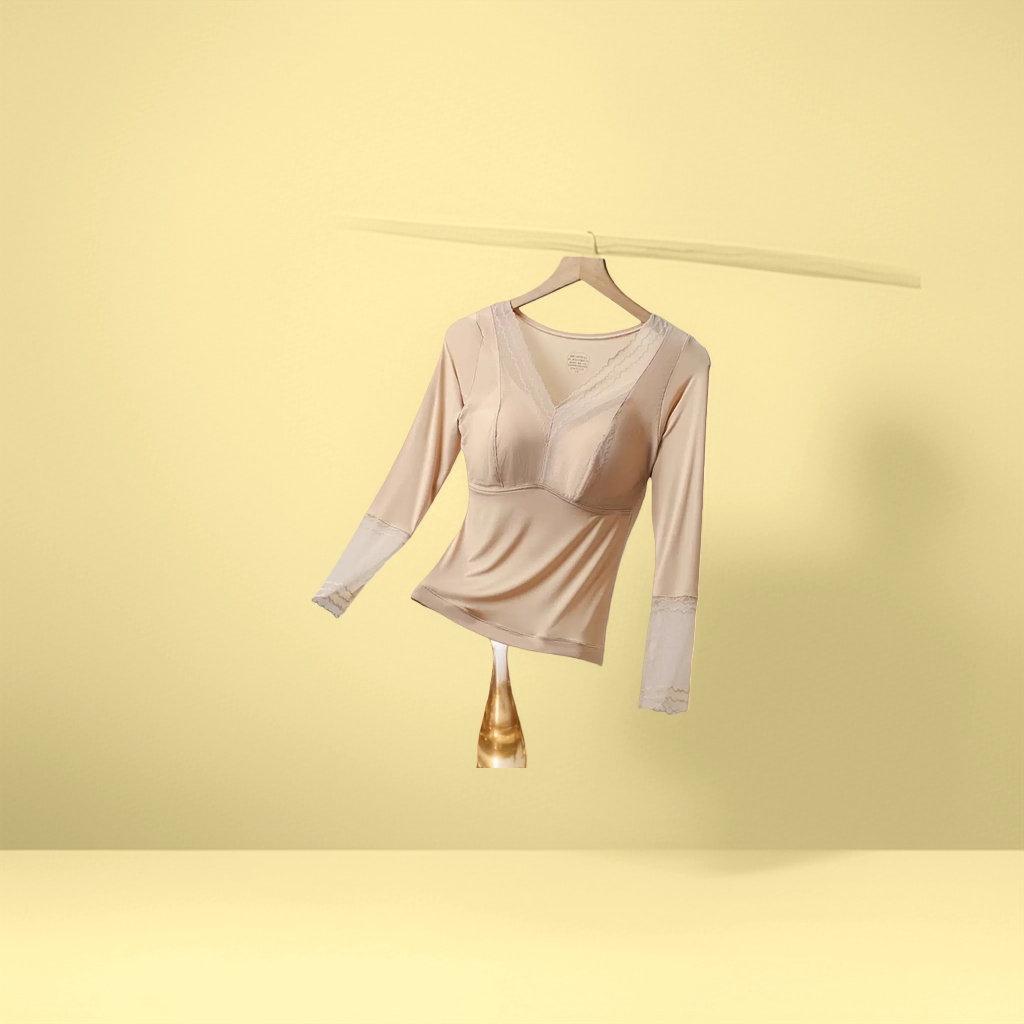 Beige warm long-sleeved fitted base layer with lace trim and built-in chest pads details Picture