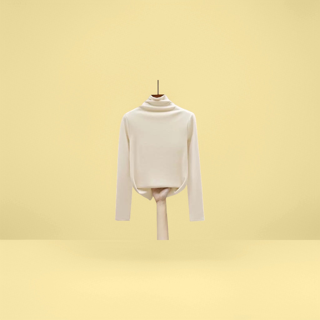 A beige high-neck long-sleeved top for women, a fitted pure cotton knitted base layer