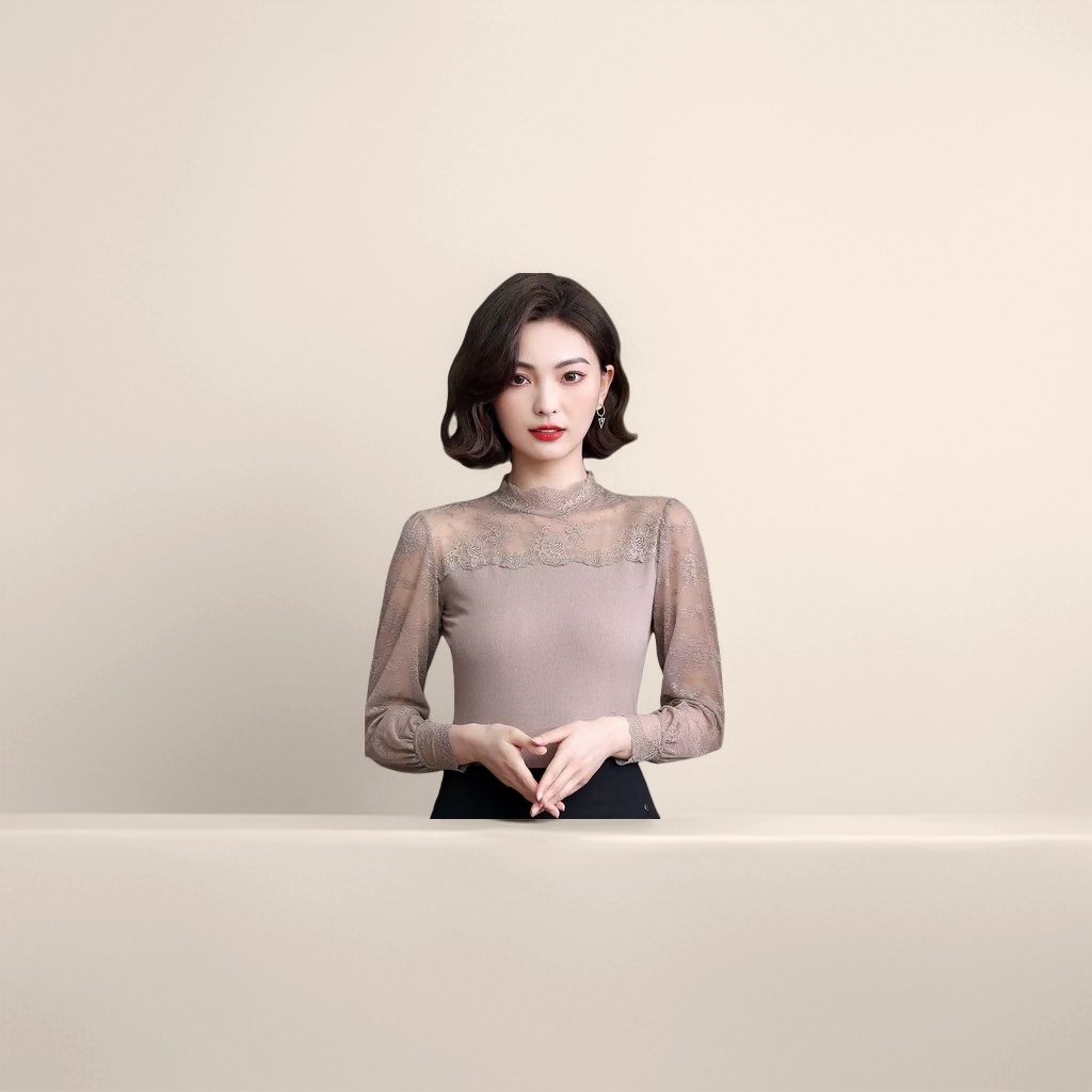 Beige lace patchwork long-sleeved top for women, slimming and elegant, versatile Specification image