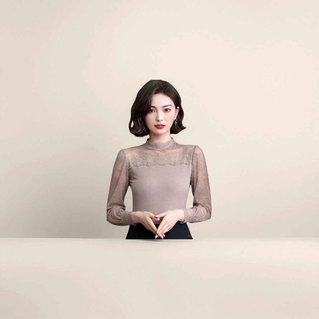 Beige lace patchwork long-sleeved top for women, slimming and elegant, versatile Application Scenario