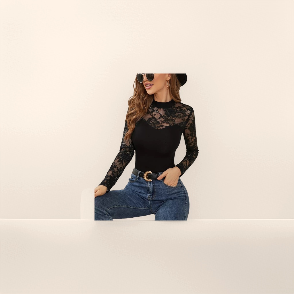 Black lace patchwork high-neck long-sleeved top, a versatile inner layer for women to slim and look good in autumn and winter Application Scenario