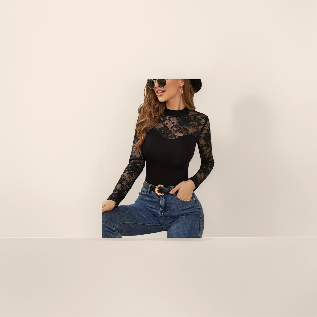 Black lace patchwork high-neck long-sleeved top, a versatile inner layer for women to slim and look good in autumn and winter Specification image