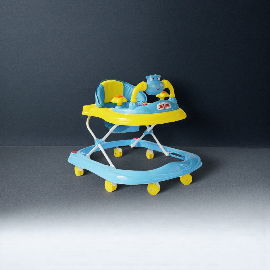 The blue and yellow baby walker is safe, stable and foldable