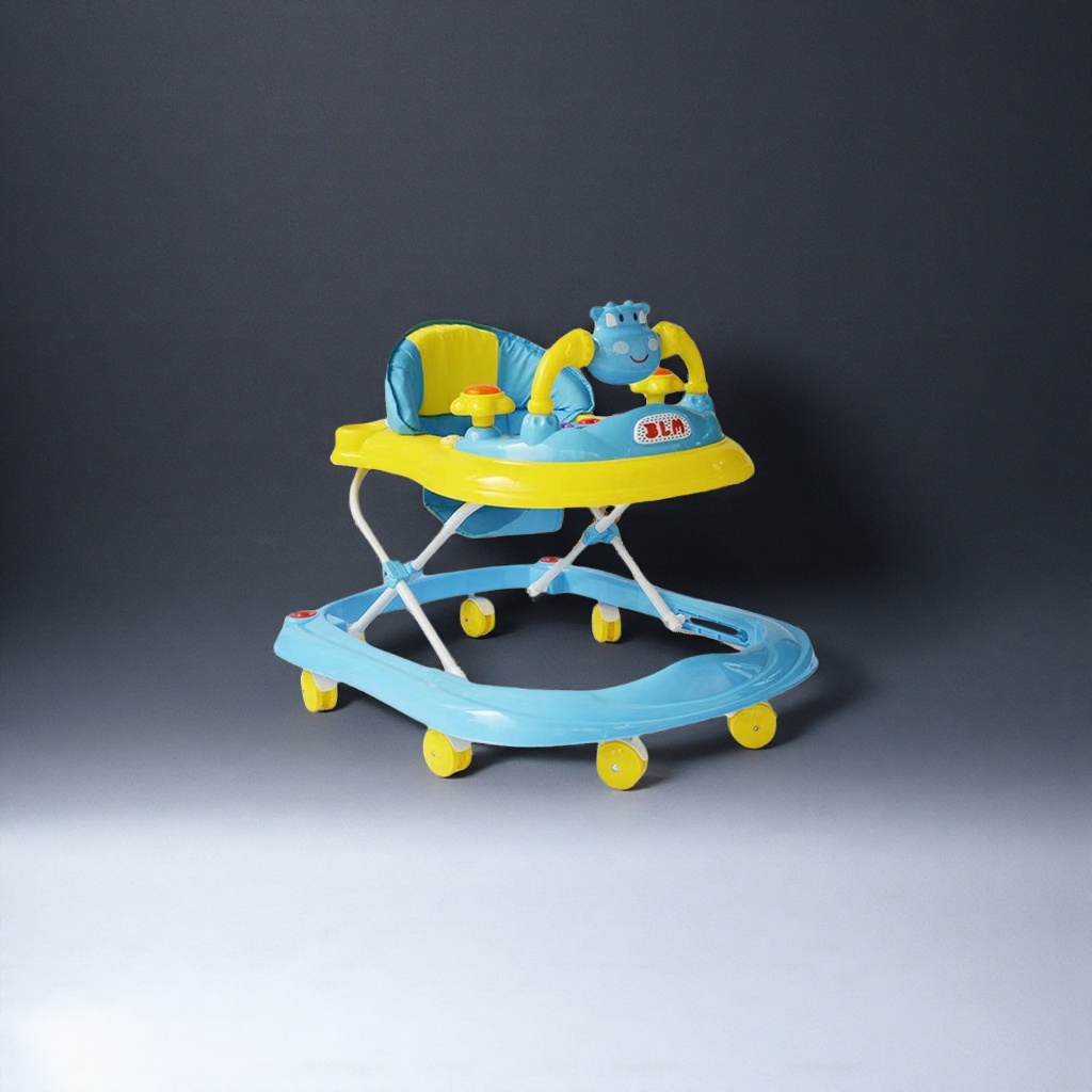 The blue and yellow baby walker is safe, stable and foldable Specification image