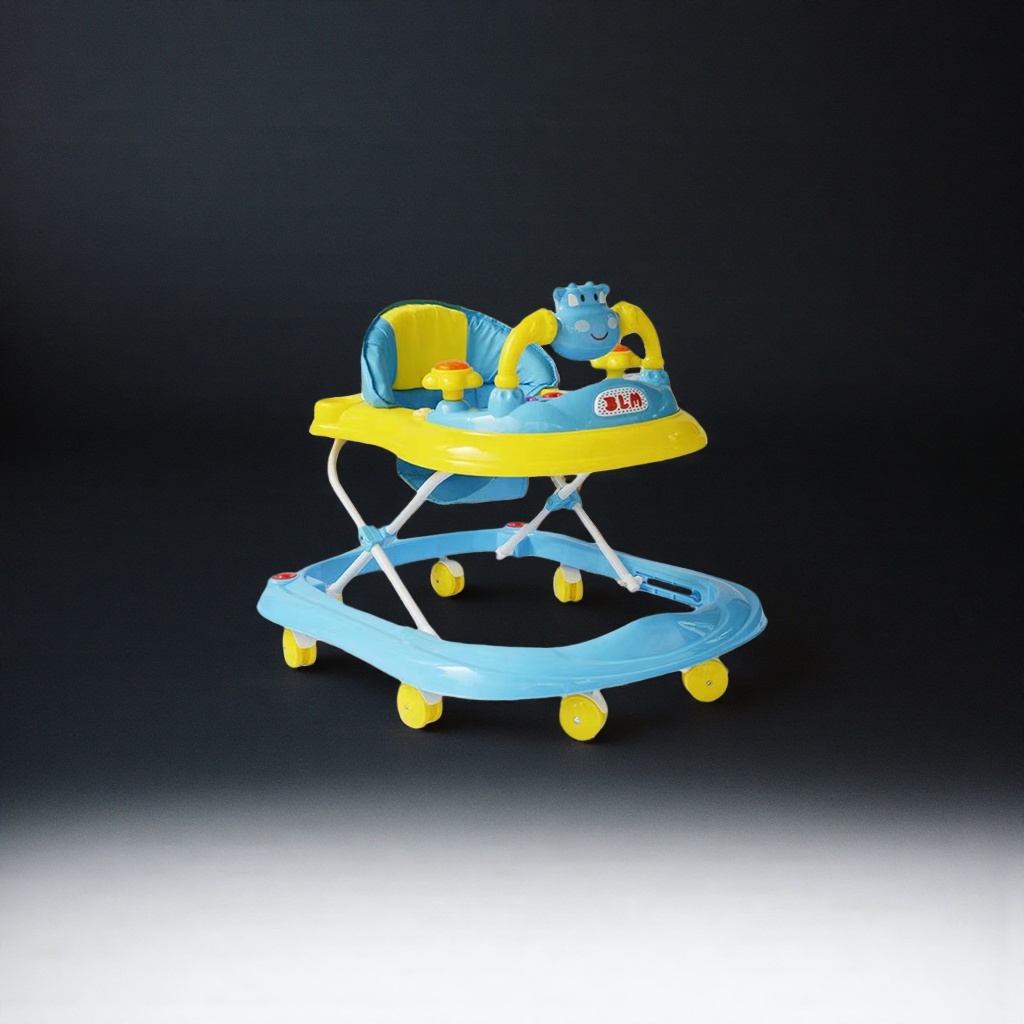 The blue and yellow baby walker is safe, stable and foldable details Picture
