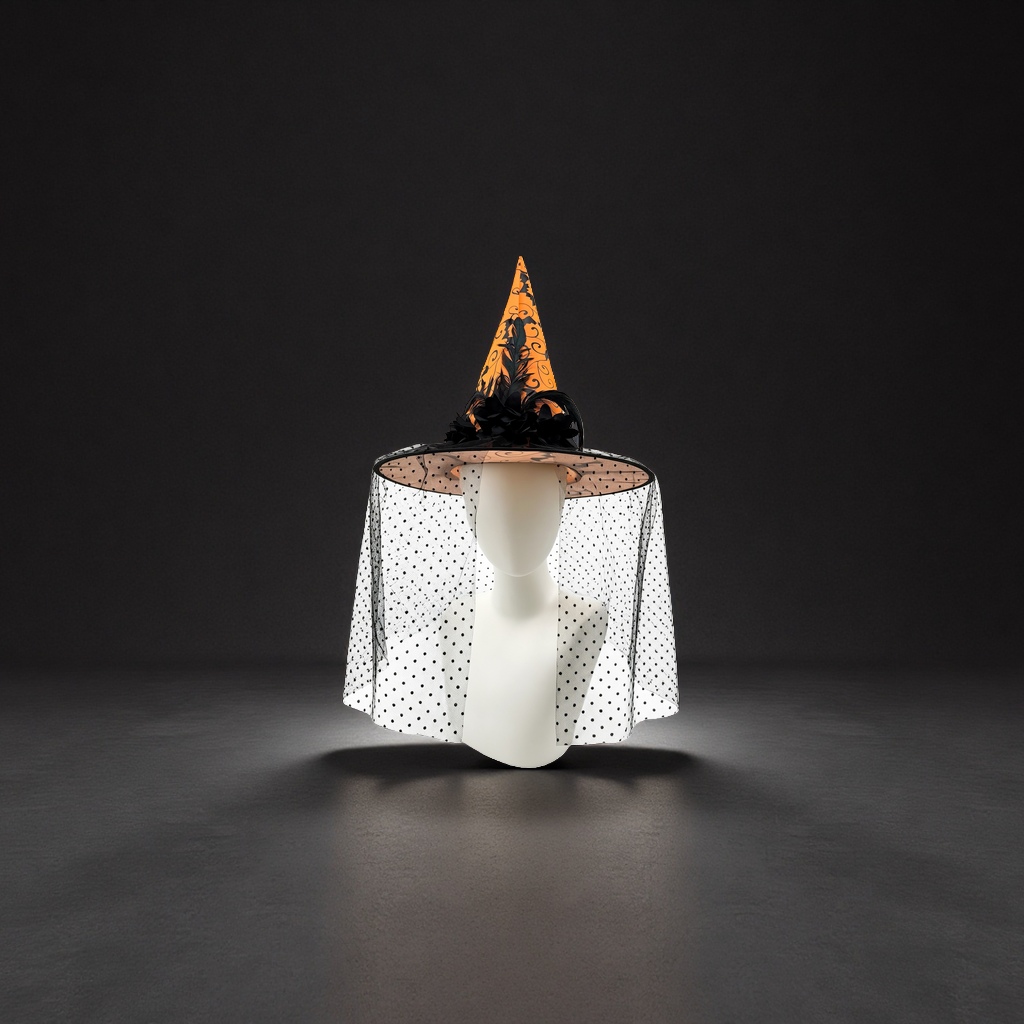 Halloween party props: orange and black patterned pointed witch hat with black polka dot chiffon mask Specification image