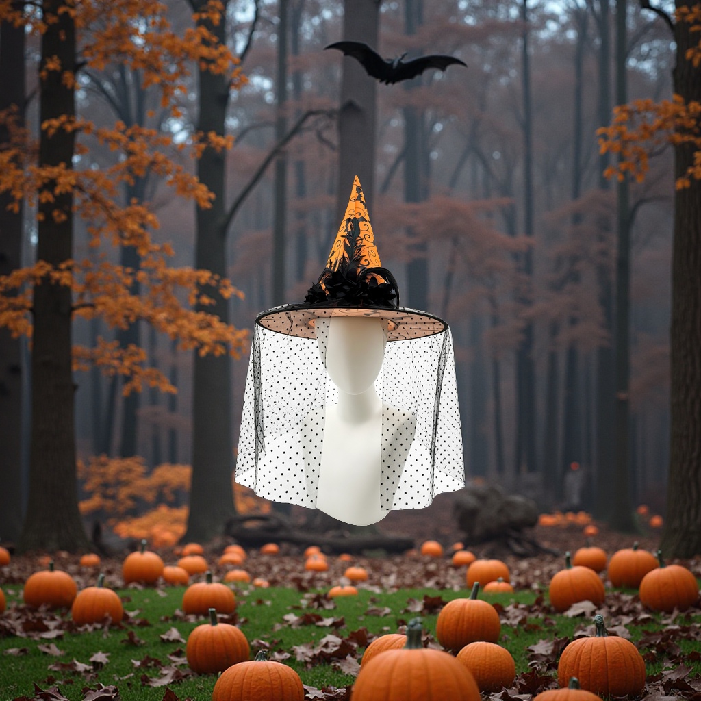 Halloween party props: orange and black patterned pointed witch hat with black polka dot chiffon mask Application Scenario