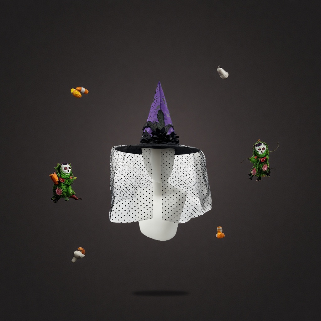 Halloween party props: orange and black patterned pointed witch hat with black polka dot chiffon mask details Picture