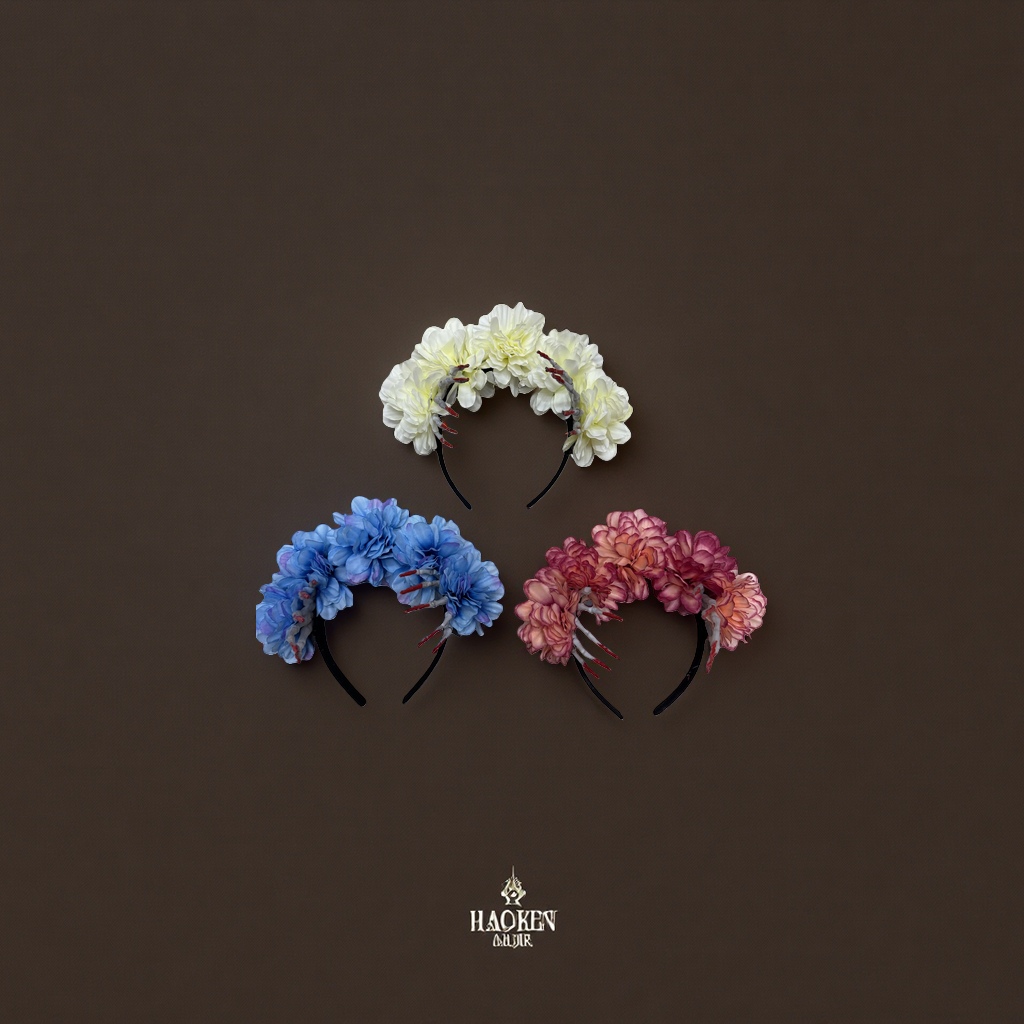 White, blue and pink flower-decorated headband, grey with red pointed claws, skull hand shape, black hairband base details Picture