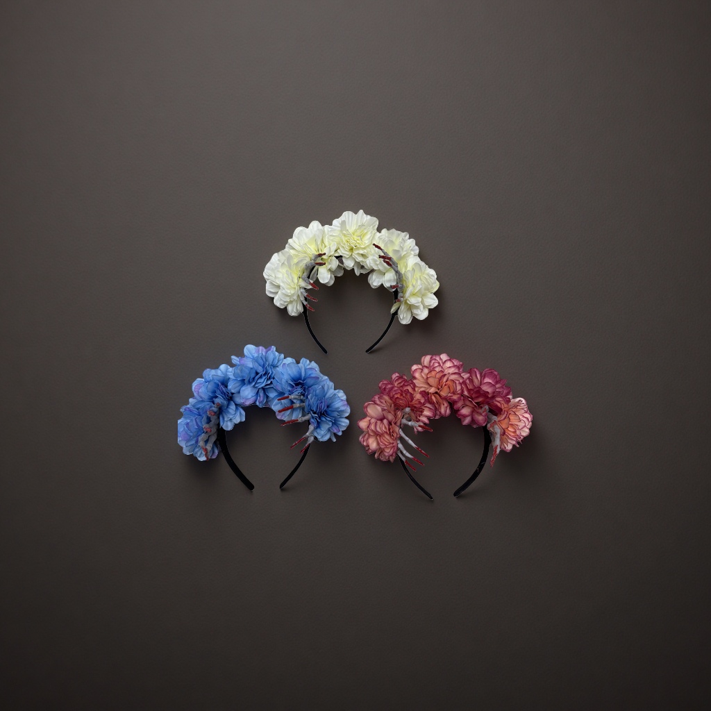 White, blue and pink flower-decorated headband, grey with red pointed claws, skull hand shape, black hairband base Specification image