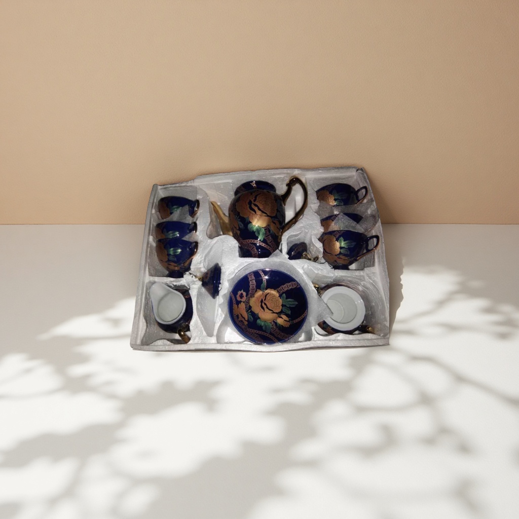 深蓝色金花陶瓷茶具套装 一壶四杯带托盘