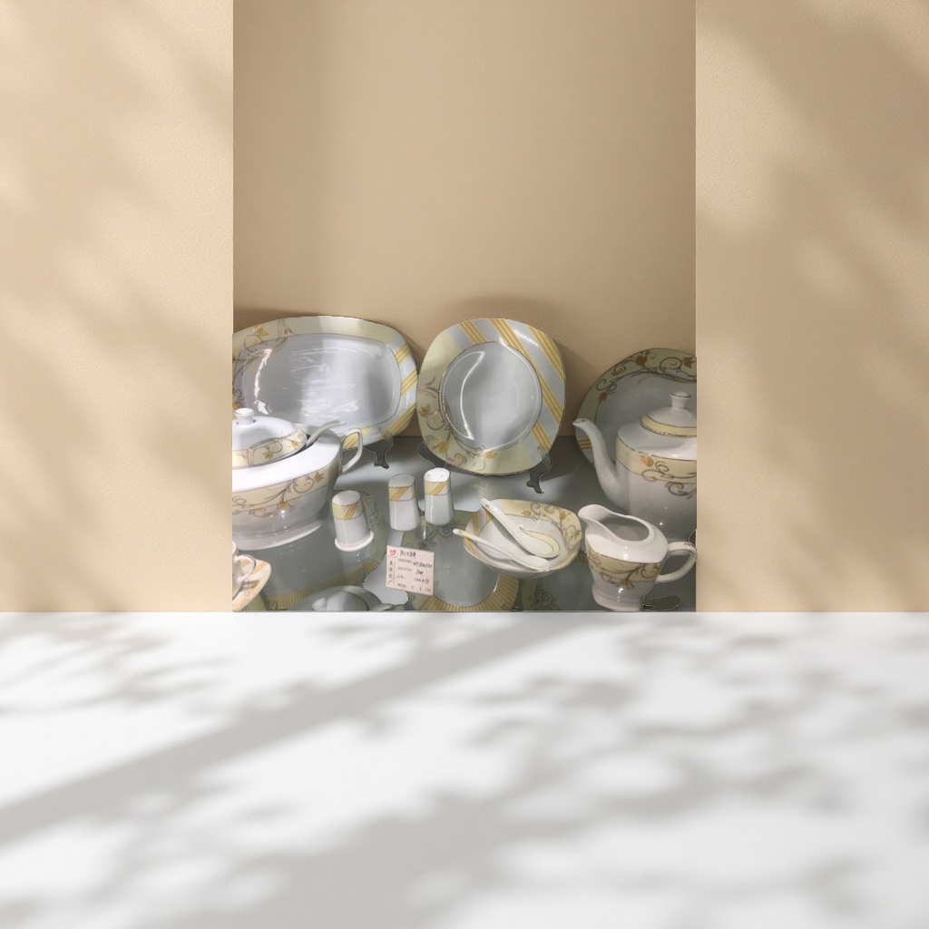 白色带黄棕花纹陶瓷餐具套装