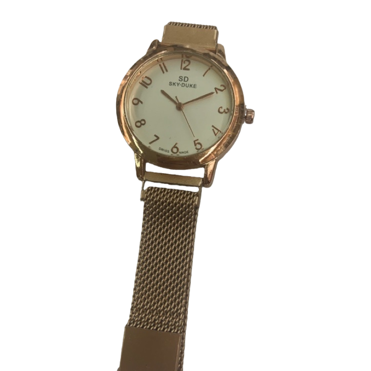 A fashionable and simple ladies' wristwatch with a golden case, white dial and metal mesh strap Item Picture