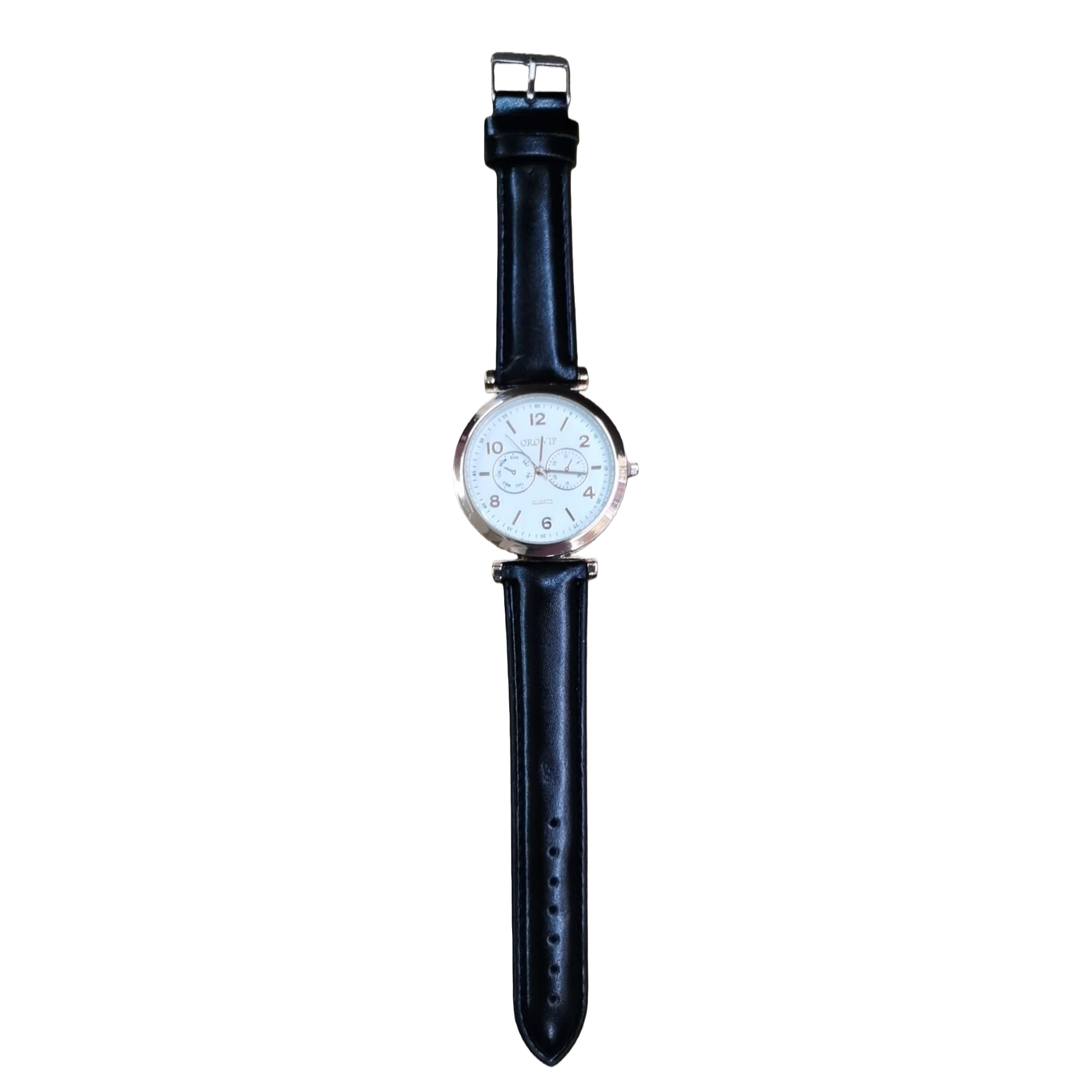 The OROVIP rose gold border white dial black leather strap watch with a wooden base is on display Item Picture