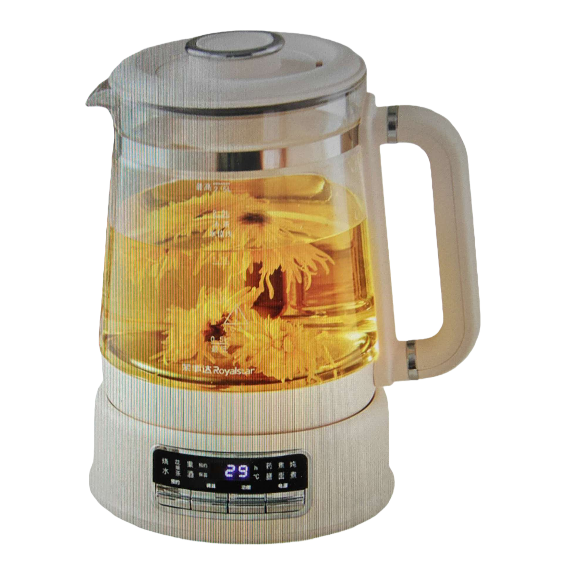 وتظهر قاعدة أبريق شاي البابونج الزجاجي الأبيض سعة 29 التحكم المتعدد الوظائف Item Picture