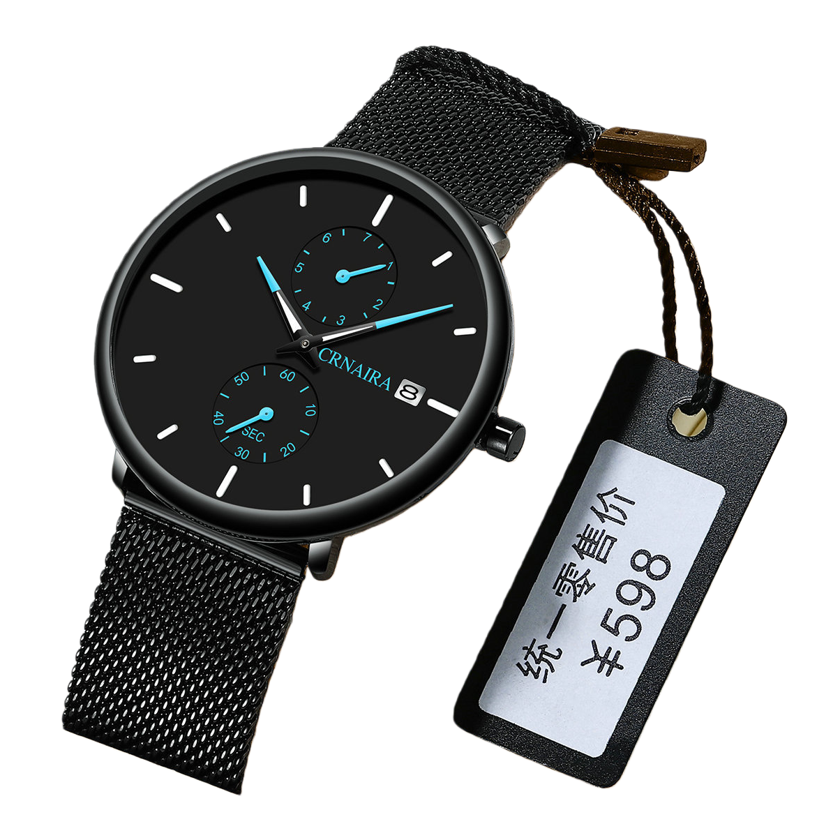 The watch features a black dial with a metal mesh strap and is packaged in a beige leather box Item Picture