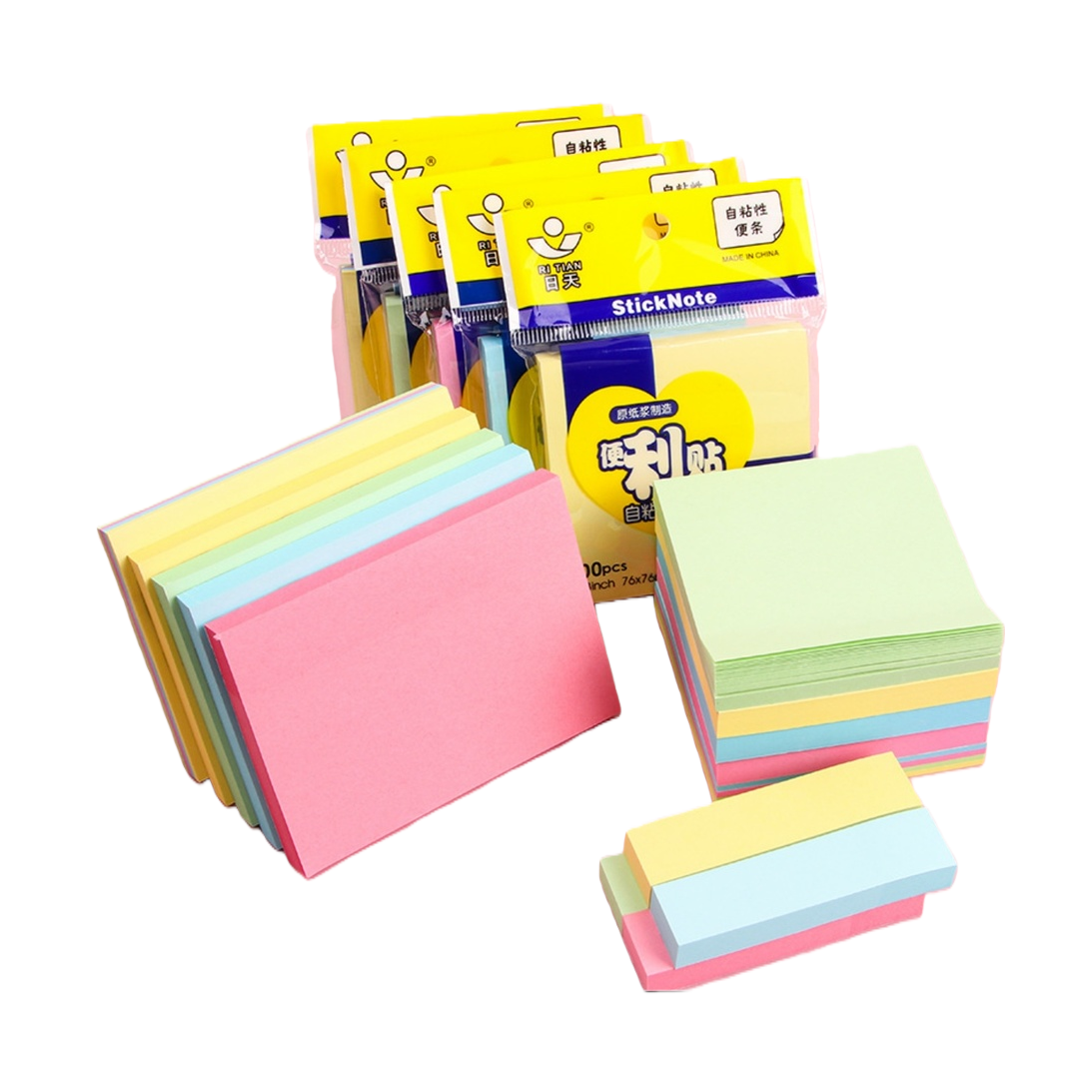 彩色便签纸堆叠，包装袋上印有“StickNote”字样白底实物图