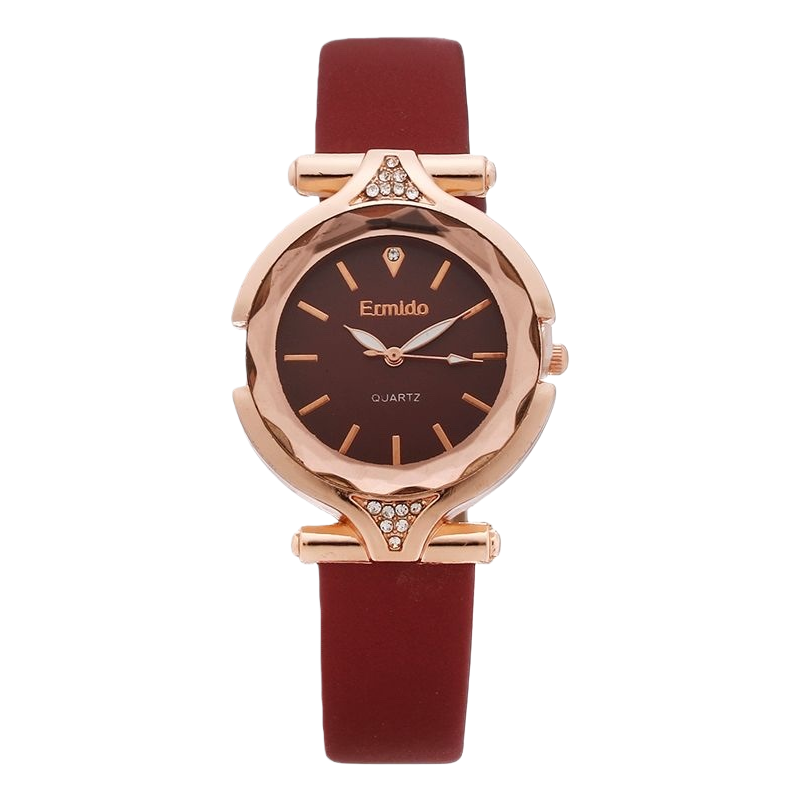 Ladies' quartz watch with rose gold case and wine red strap Item Picture
