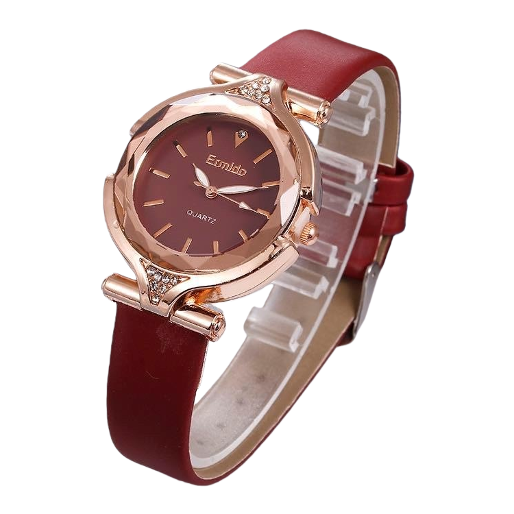 A fashionable and simple ladies' quartz watch with a wine red leather strap Item Picture