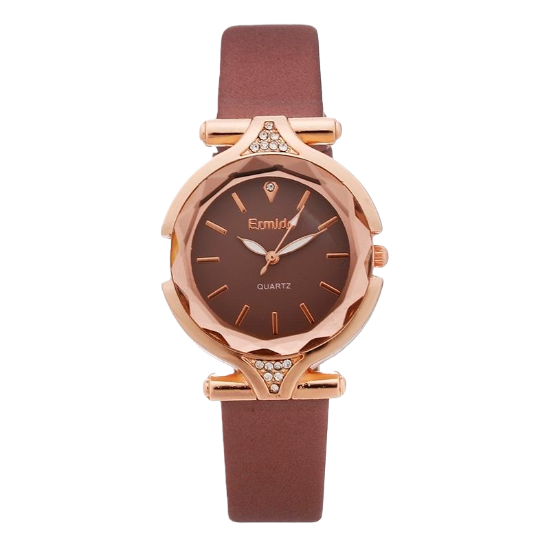 Ladies' watch with rose gold case, brown dial and genuine leather strap Item Picture