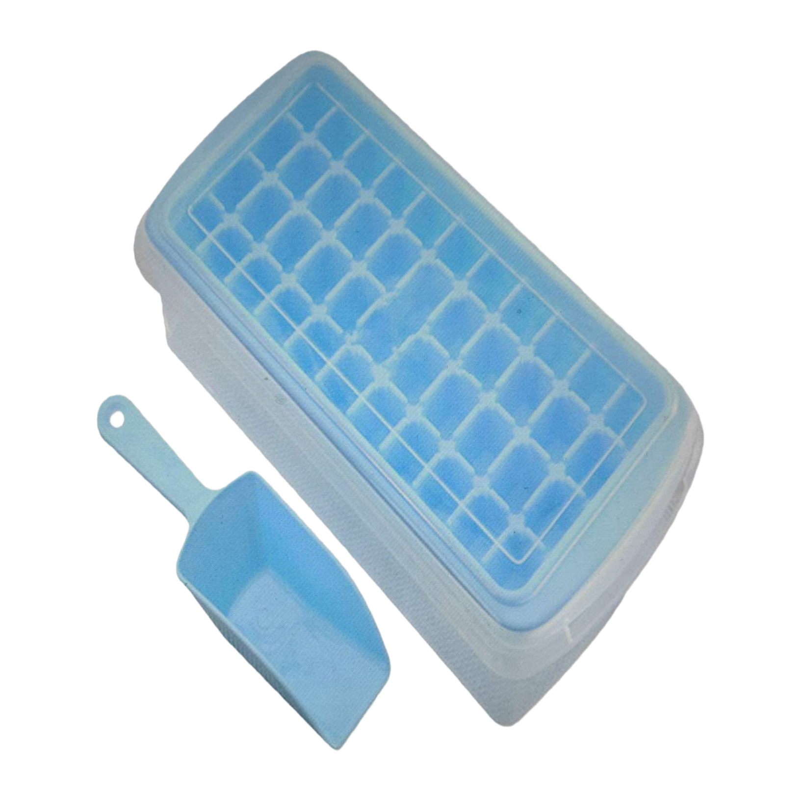 Blue ice cube tray mold with ice spatula, ice cube making tool, home kitchen ice box set Item Picture