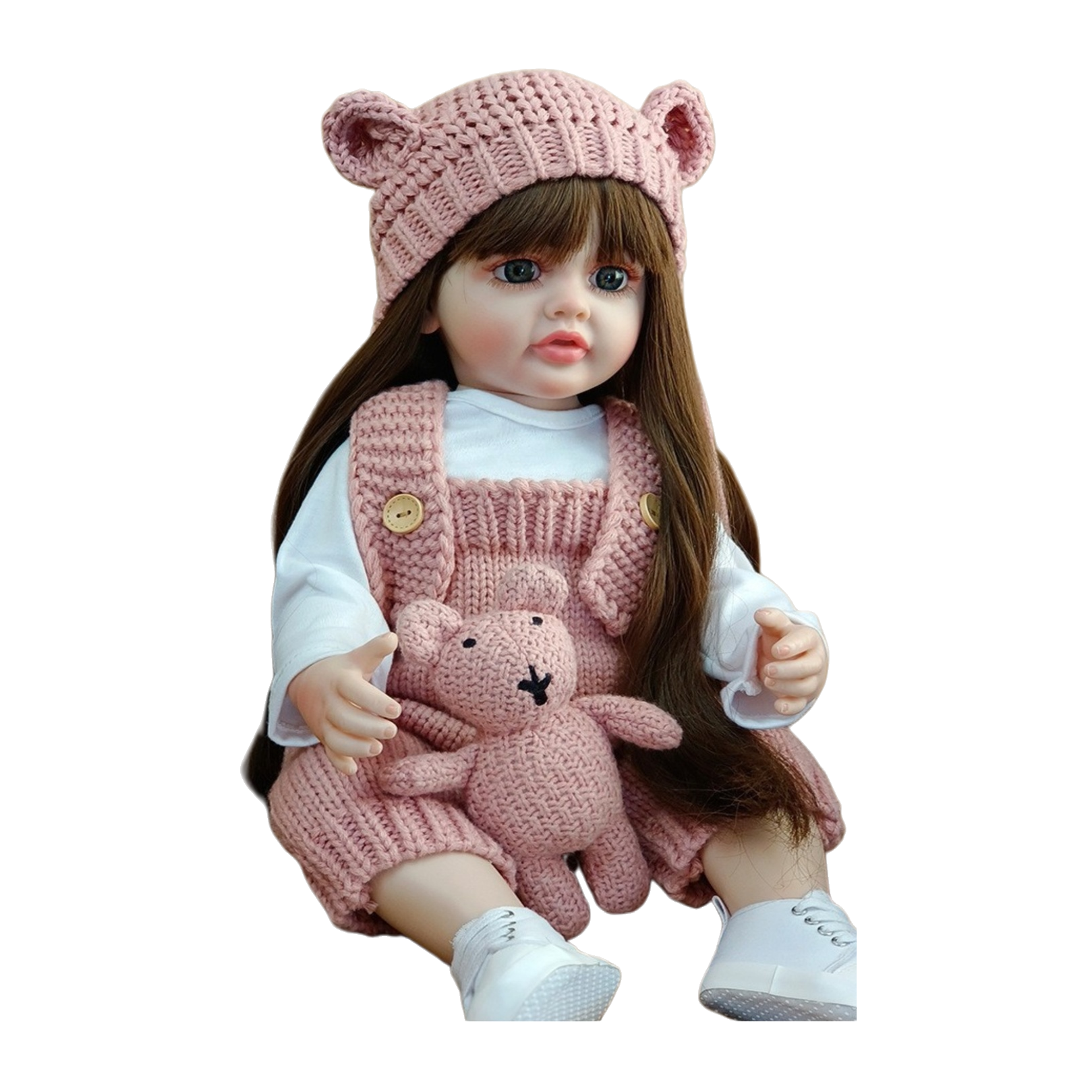 Gorro de oreja de oso de punto rosa con pantalón de espalda rosa manga larga blanca forrado en el interior zapatos blancos abrazadera rosa muñeca oso Item Picture