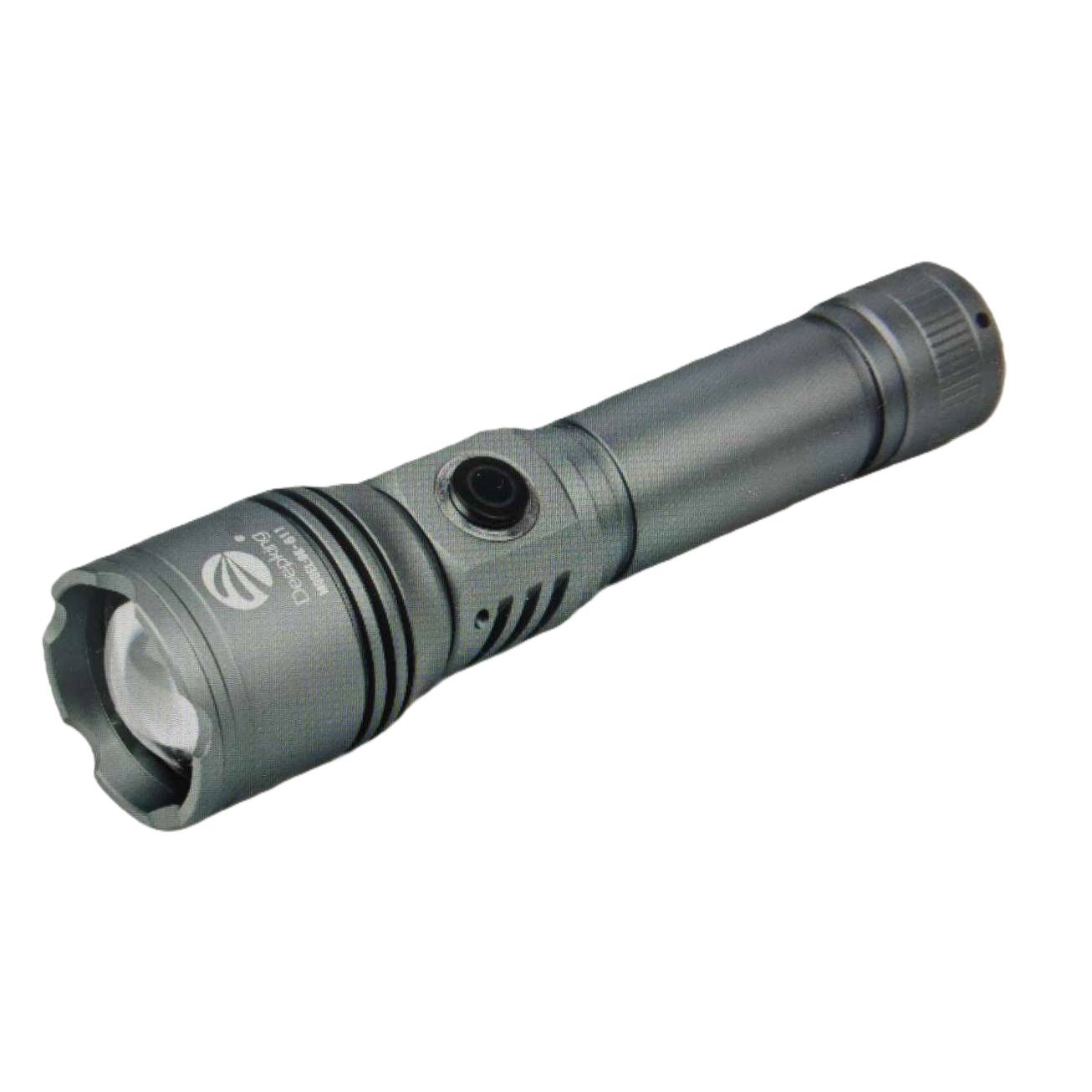A portable LED charging flashlight with a strong light, waterproof and wear-resistant, featuring a grey metal casing Item Picture