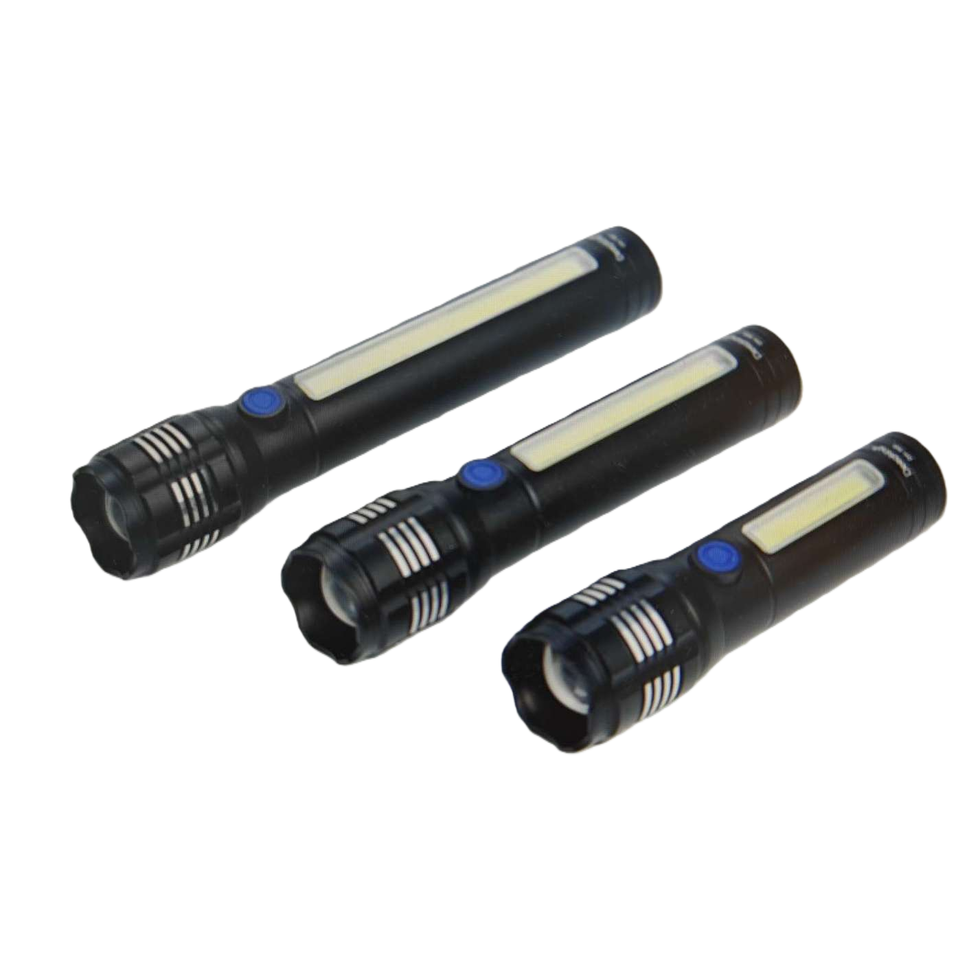 Three black flashlights are displayed side by side with blue button LED light strips Item Picture
